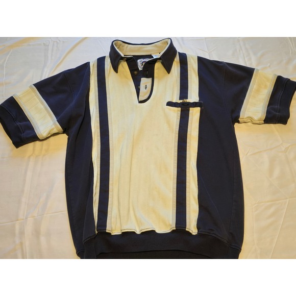 Vtg L.D. Sport International Polo Shirt Medium Striped Navy Beige Top - Picture 1 of 8